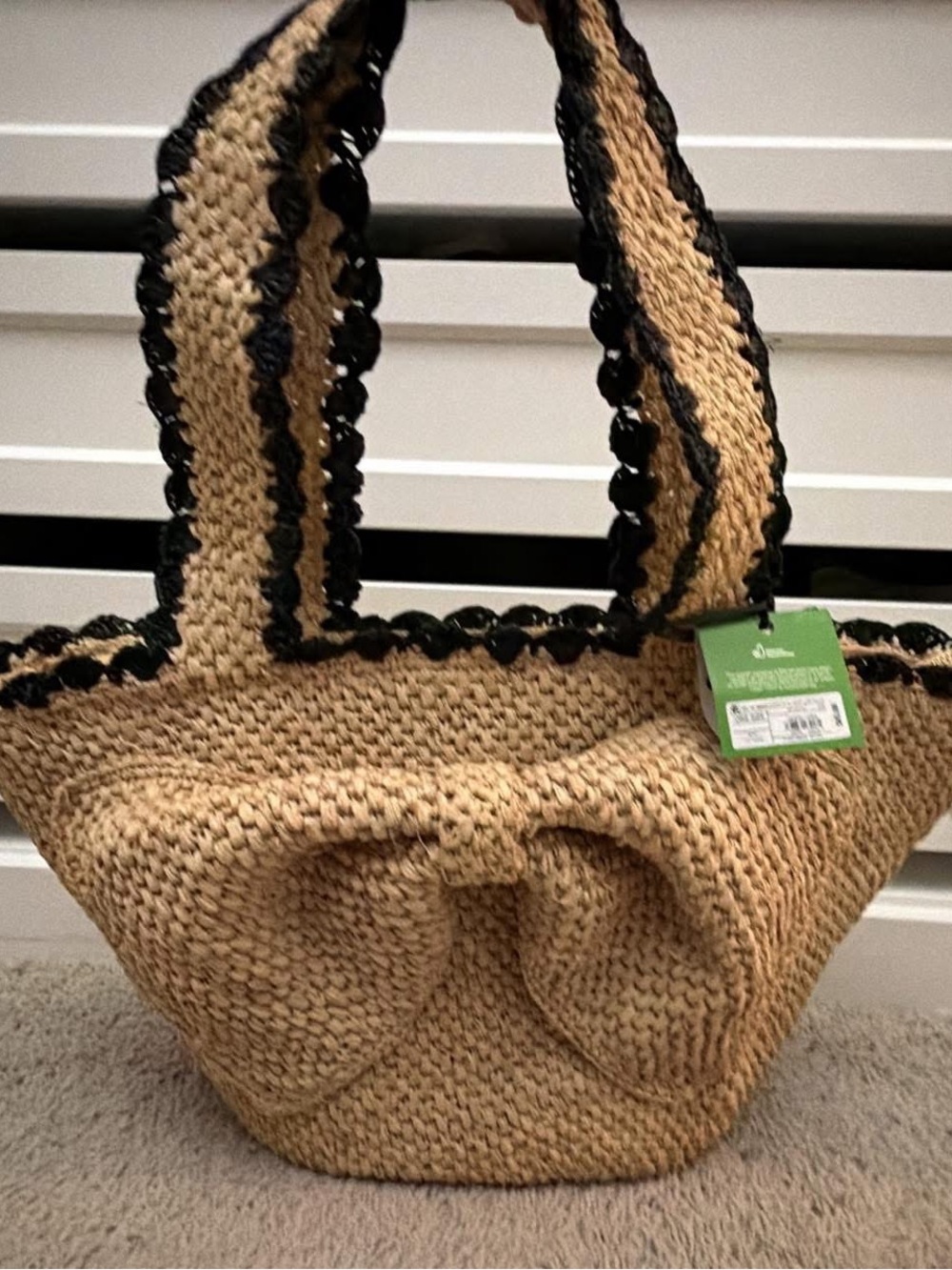 Woven Straw Tote with Black Trim and Front Bow